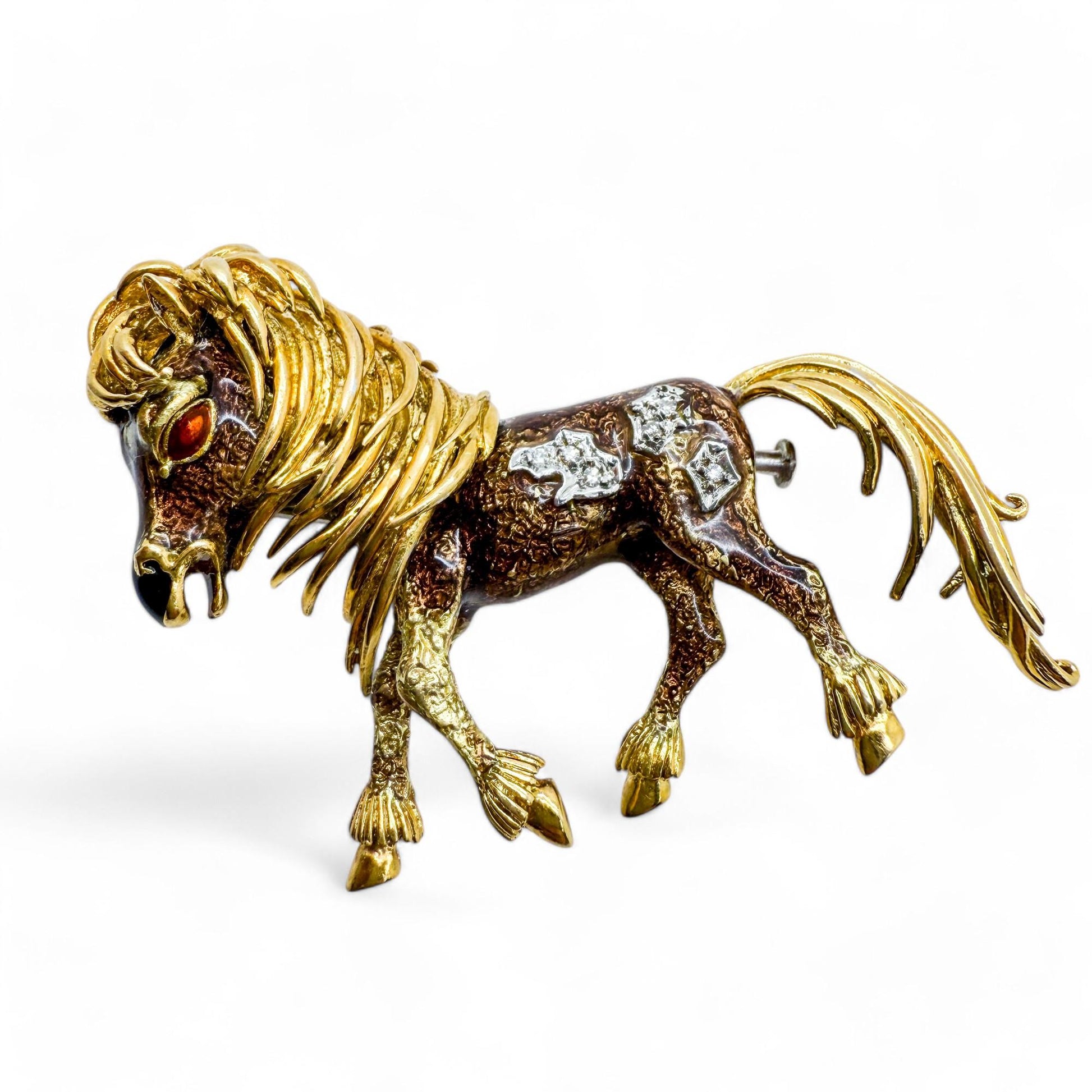 Vintage 18k Yellow Gold & White Diamond Enamel Horse Brooch 27.30g