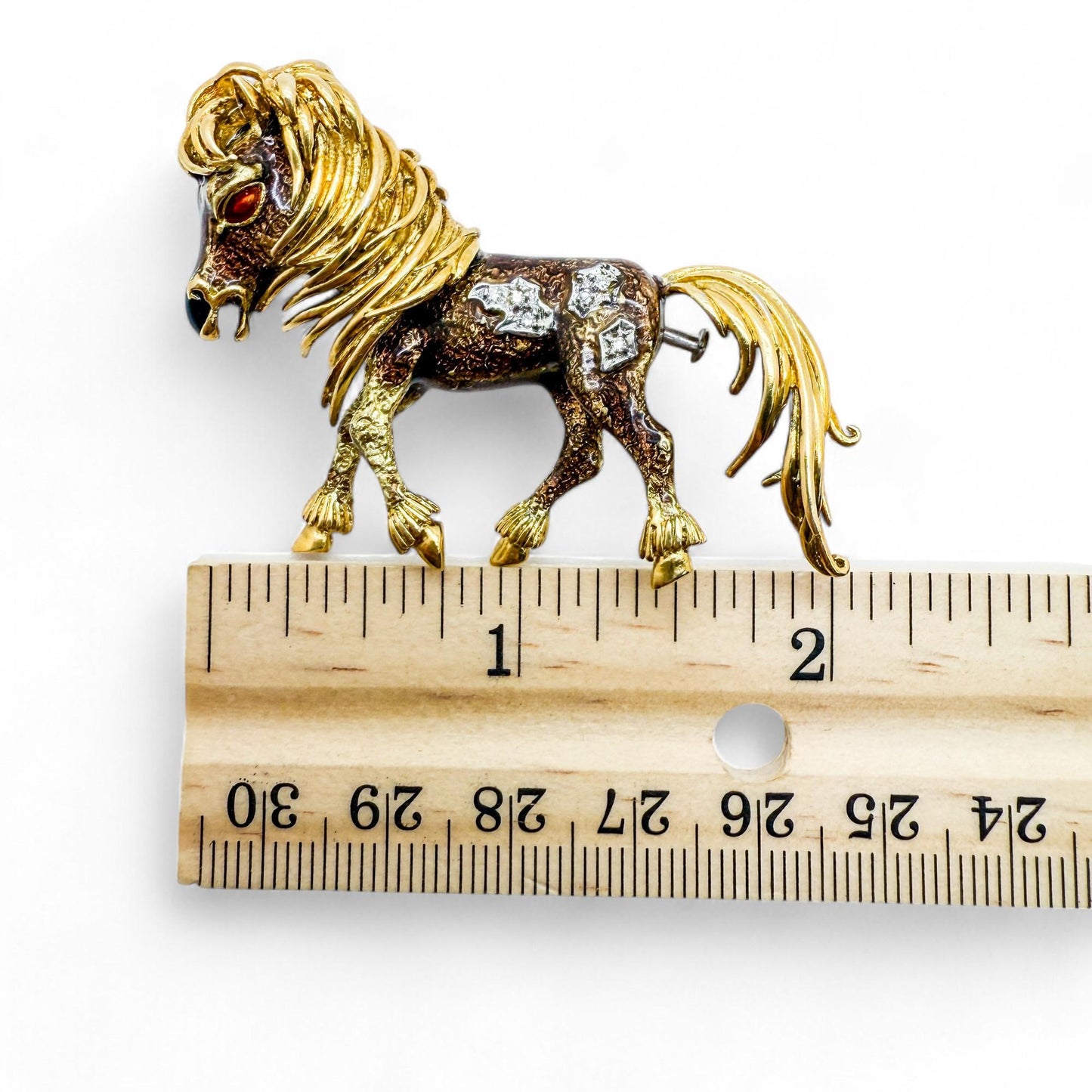 Vintage 18k Yellow Gold & White Diamond Enamel Horse Brooch 27.30g