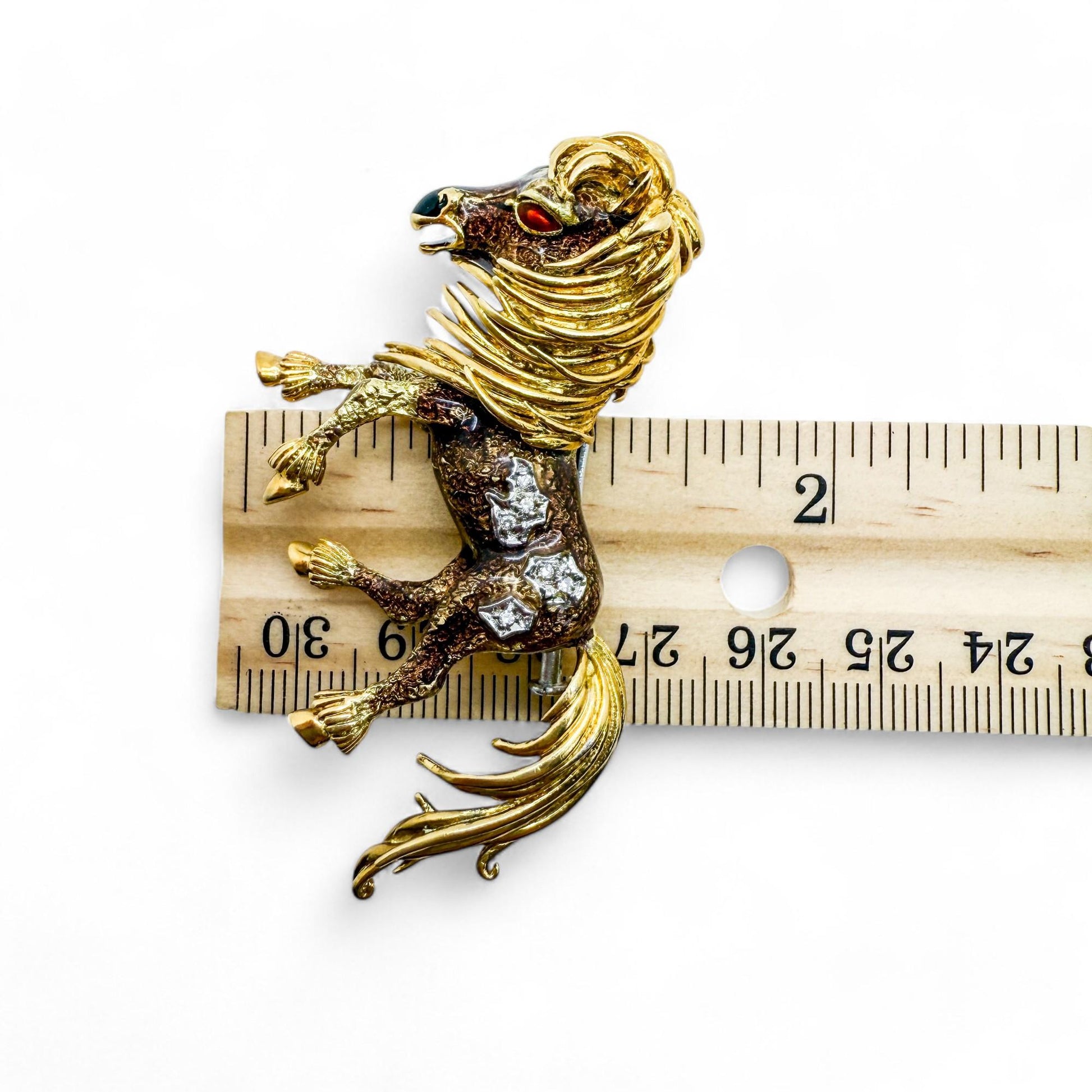 Vintage 18k Yellow Gold & White Diamond Enamel Horse Brooch 27.30g
