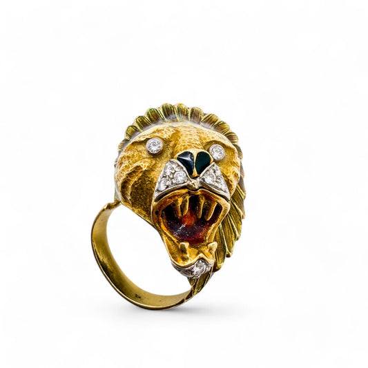 Vintage 18k Yellow Gold Enamel  & White Diamond Tiger Ring 5.75US