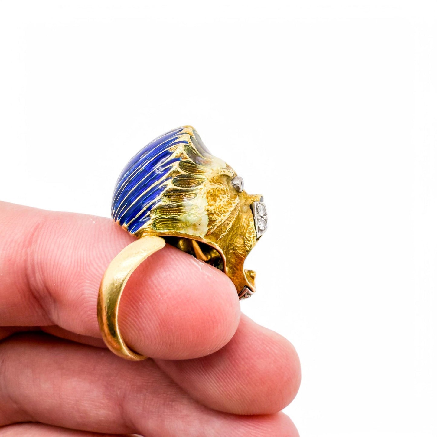 Vintage 18k Yellow Gold Enamel  & White Diamond Tiger Ring 5.75US