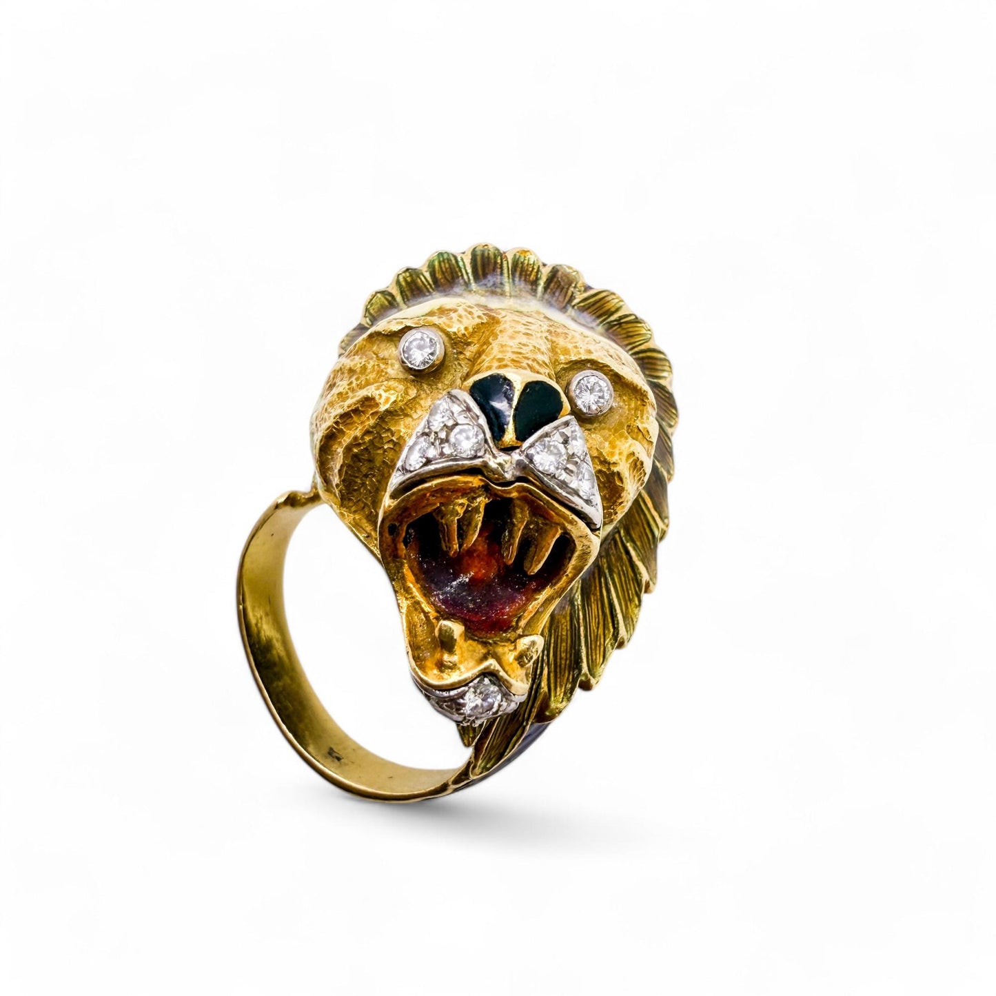 Vintage 18k Yellow Gold Enamel  & White Diamond Tiger Ring 5.75US