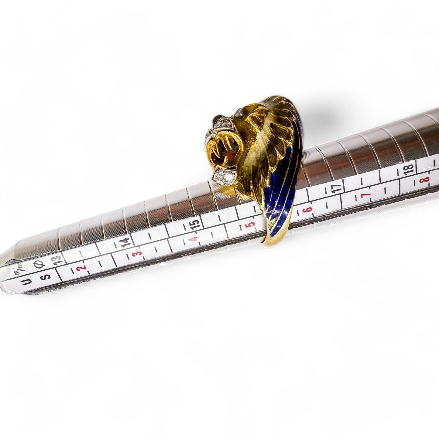Vintage 18k Yellow Gold Enamel  & White Diamond Tiger Ring 5.75US