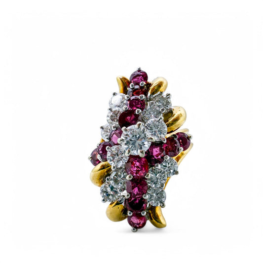 1.60 cttw. White Diamond & 1.54 cttw Ruby Cocktail Ring in 18k Yellow Gold 6US