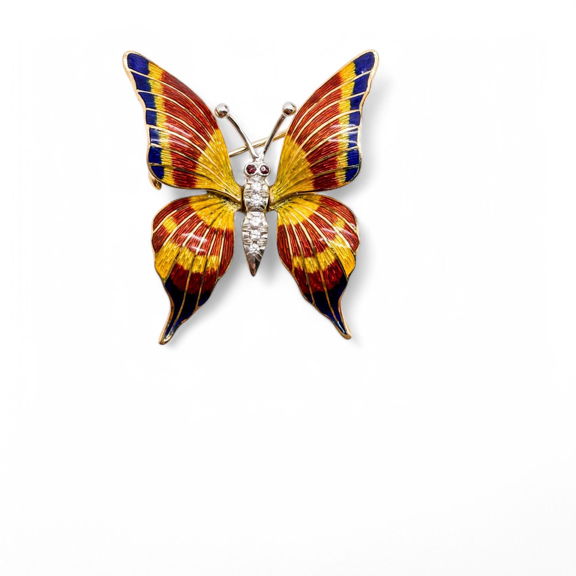 18K Yellow Gold Enamel Butterfly Brooch 13.5g