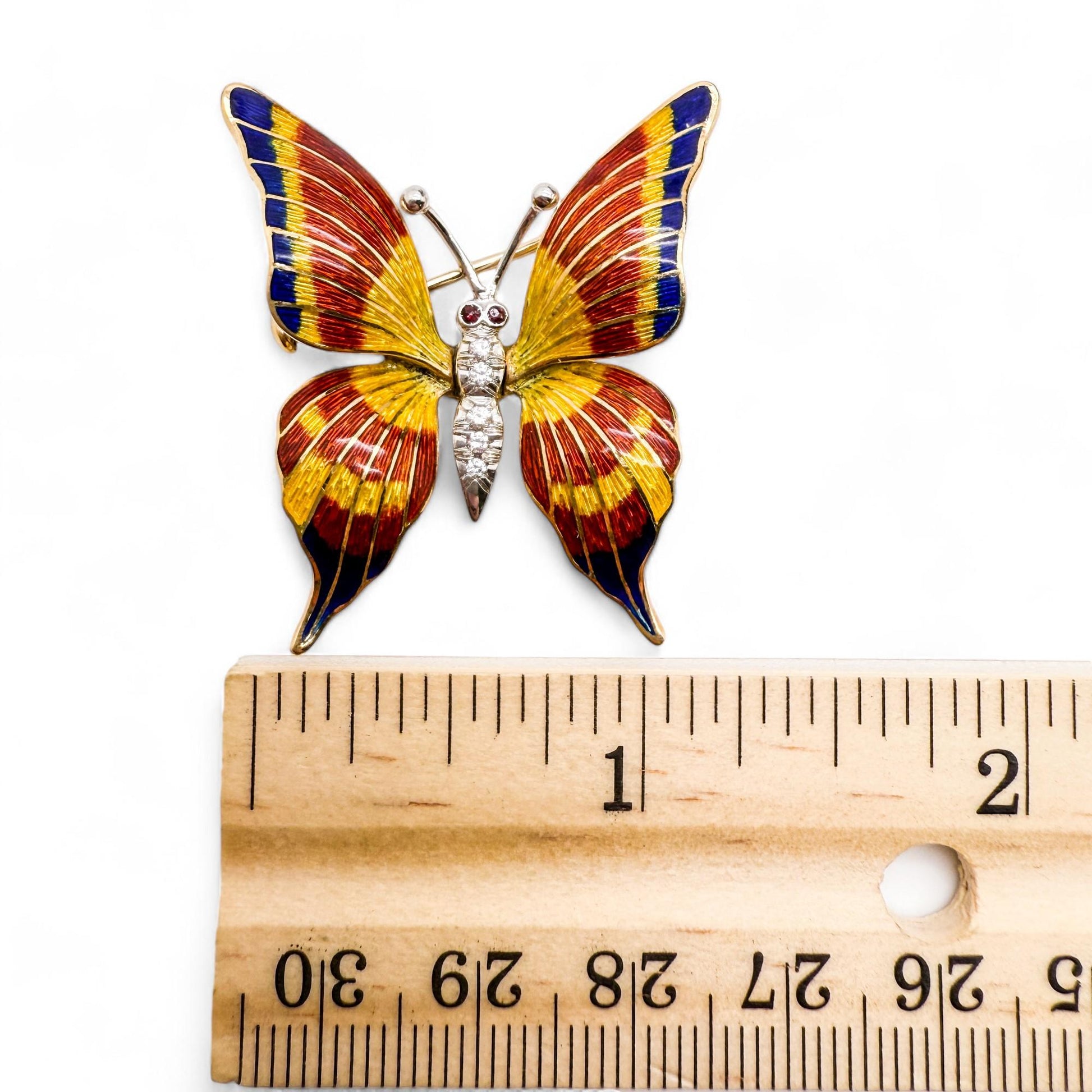 18K Yellow Gold Enamel Butterfly Brooch 13.5g