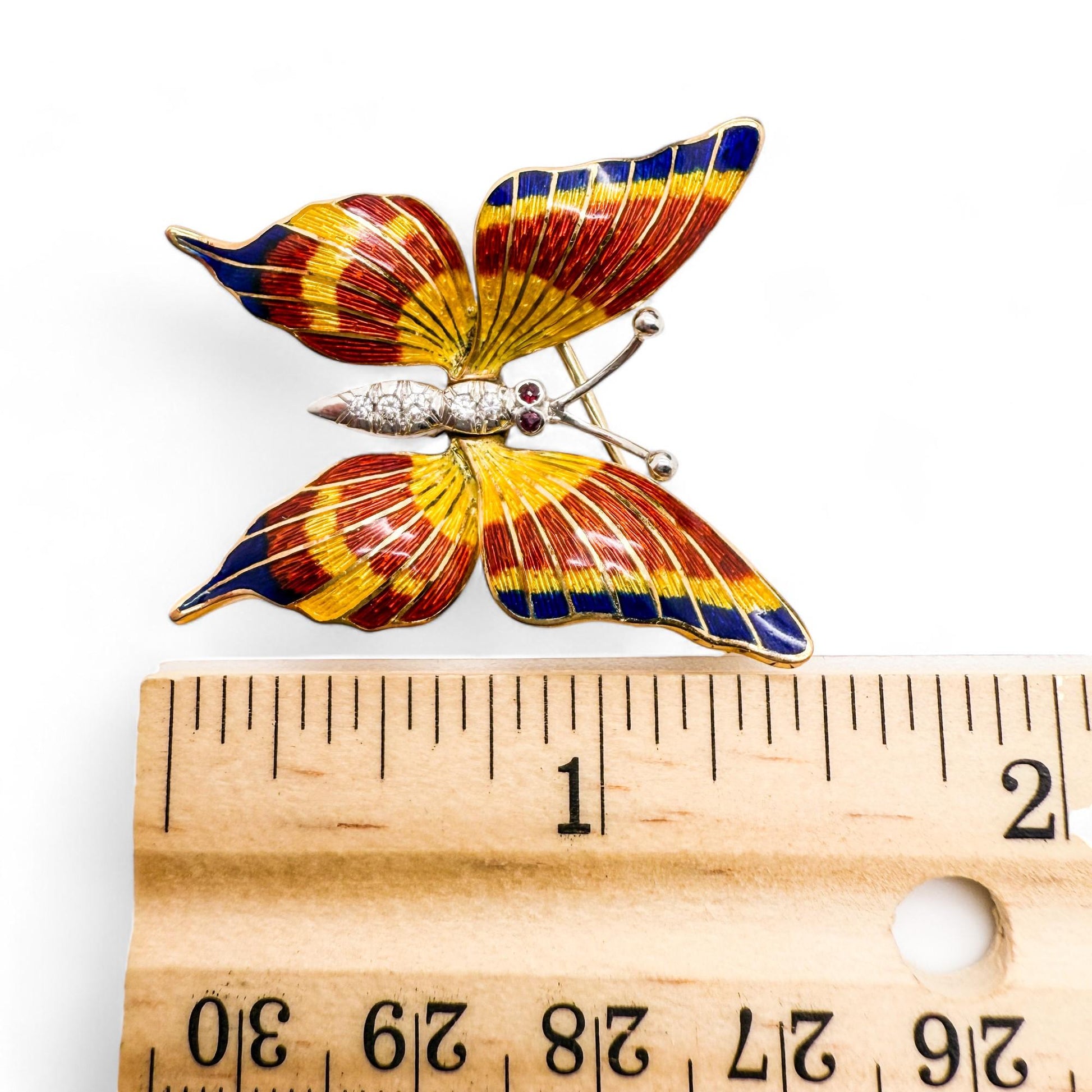 18K Yellow Gold Enamel Butterfly Brooch 13.5g