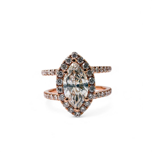 1.35 cttw White Diamond Halo Split Shank Ring in 14k Rose Gold 4US