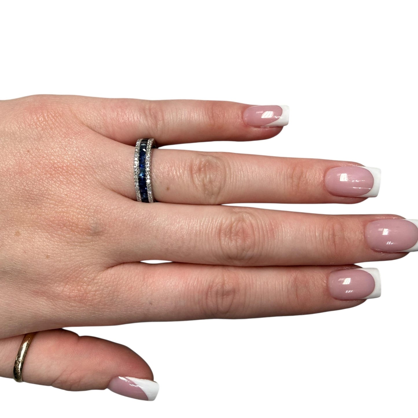 Sapphire & White Diamond Eternity Band Ring in 14k White Gold 3.44g. 6US