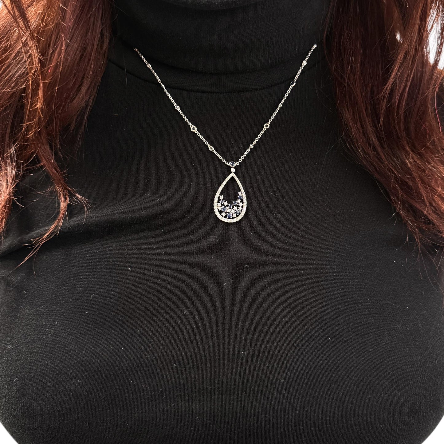 0.64cttw. White Diamond & Blue Sapphire Necklace in 18k White Gold 18" 6.90g.