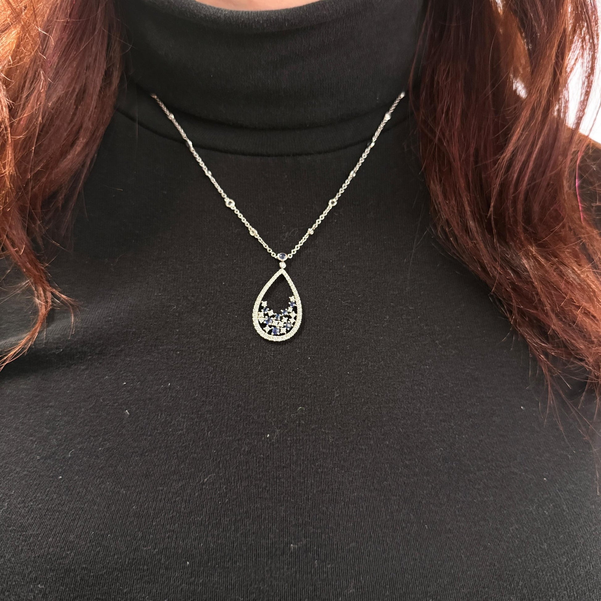 0.64cttw. White Diamond & Blue Sapphire Necklace in 18k White Gold 18" 6.90g.