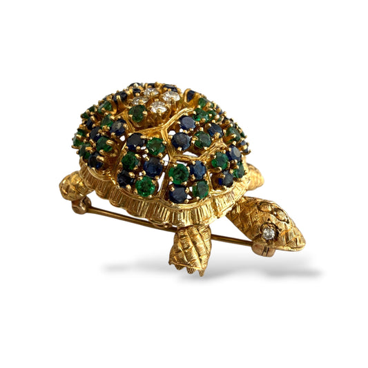 18k Yellow Gold Turtle Brooch with Diamonds Emeralds and Sapprires 16.69g.
