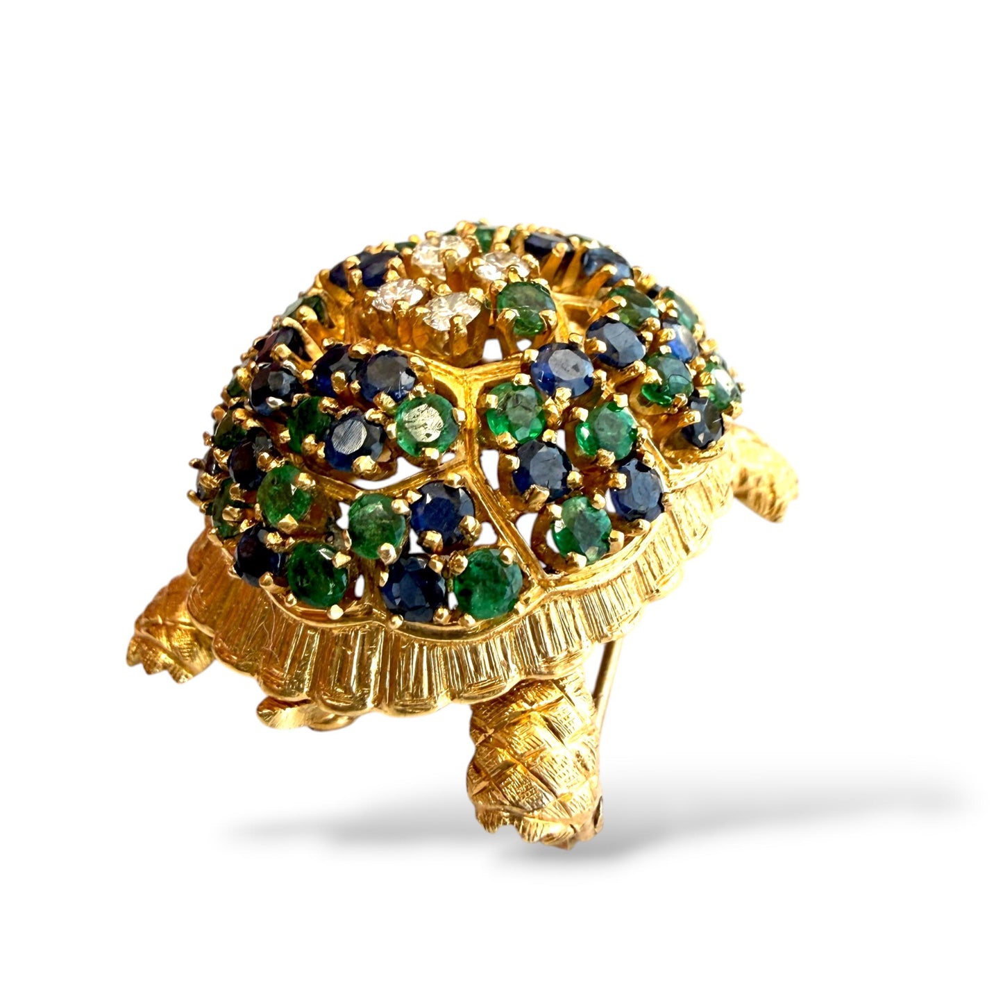 18k Yellow Gold Turtle Brooch with Diamonds Emeralds and Sapprires 16.69g.