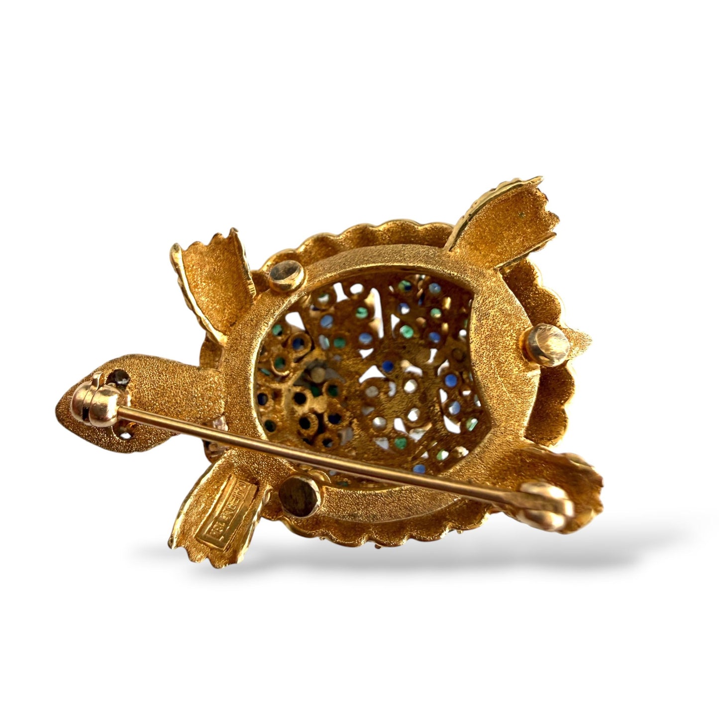 18k Yellow Gold Turtle Brooch with Diamonds Emeralds and Sapprires 16.69g.