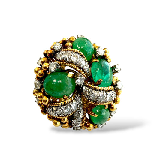 Vintage 18k Yellow Gold Ring with Emeralds and White Diamonds 5.5US 17.13g.