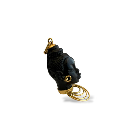 Vintage Blackamoor Carved Ebony Head Pendant Charm in 18k Yellow Gold 6.12g.