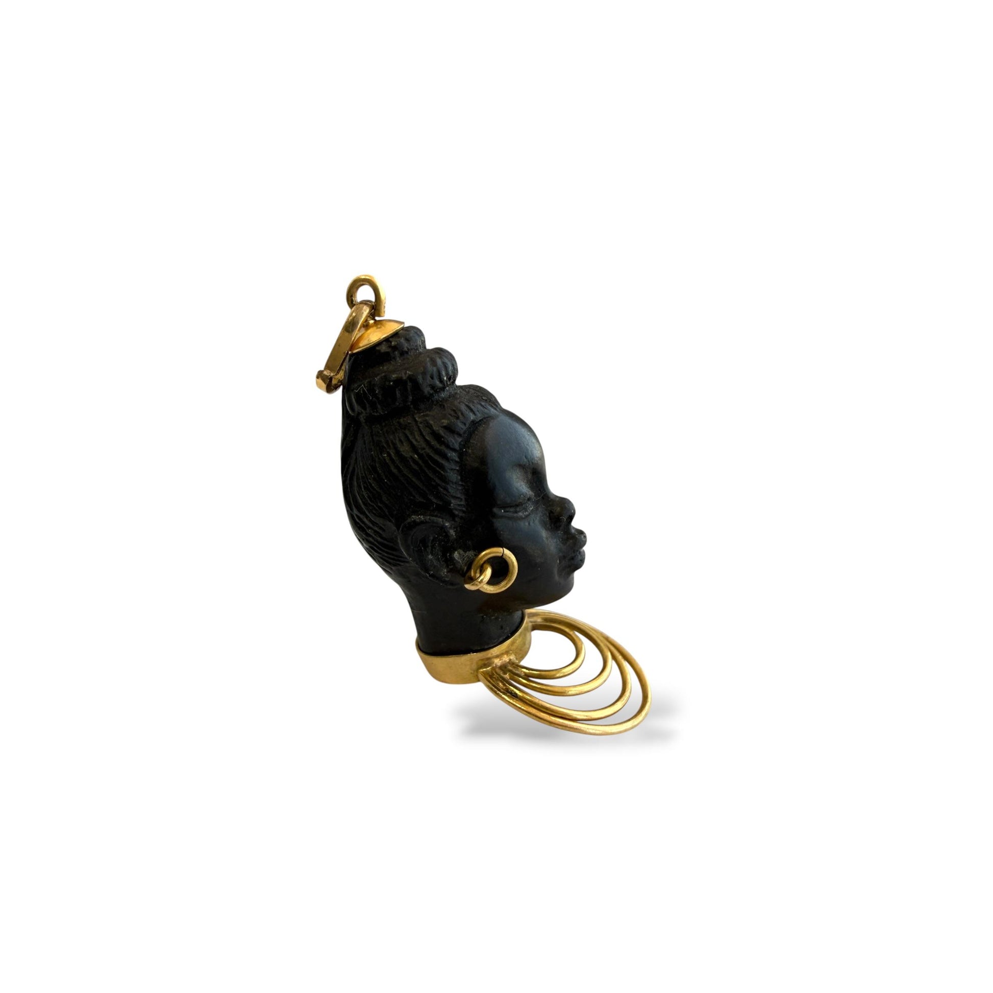 Vintage Blackamoor Carved Ebony Head Pendant Charm in 18k Yellow Gold 6.12g.