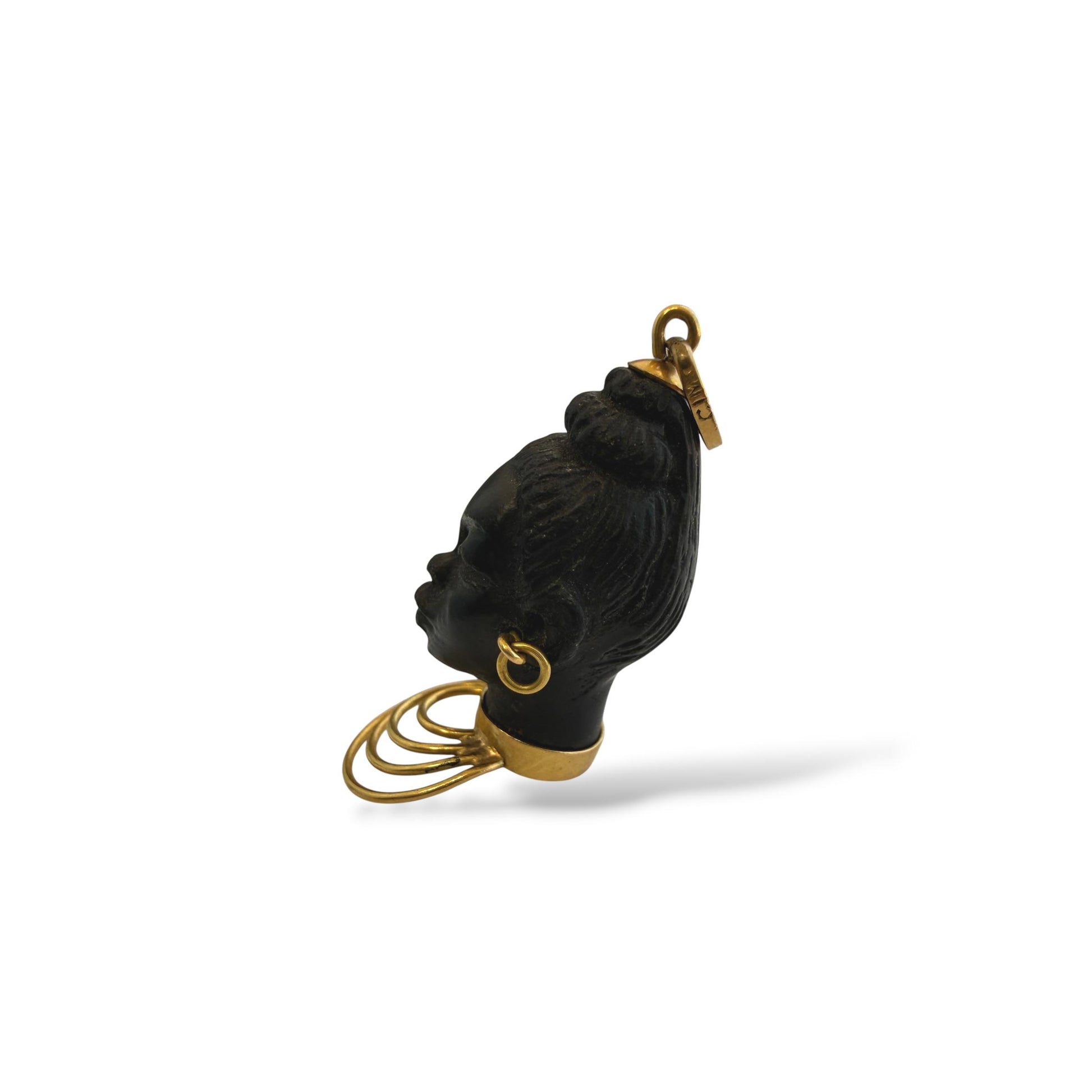 Vintage Blackamoor Carved Ebony Head Pendant Charm in 18k Yellow Gold 6.12g.