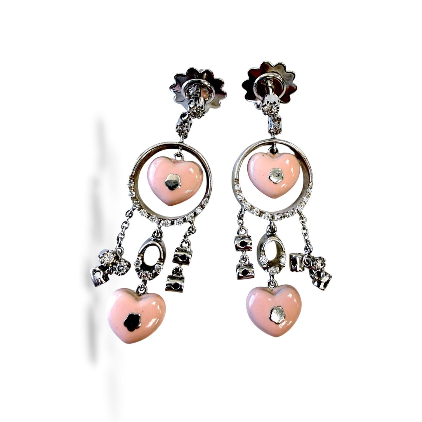18k White Gold Dangling Heart Earrings with Diamonds 15.13g.
