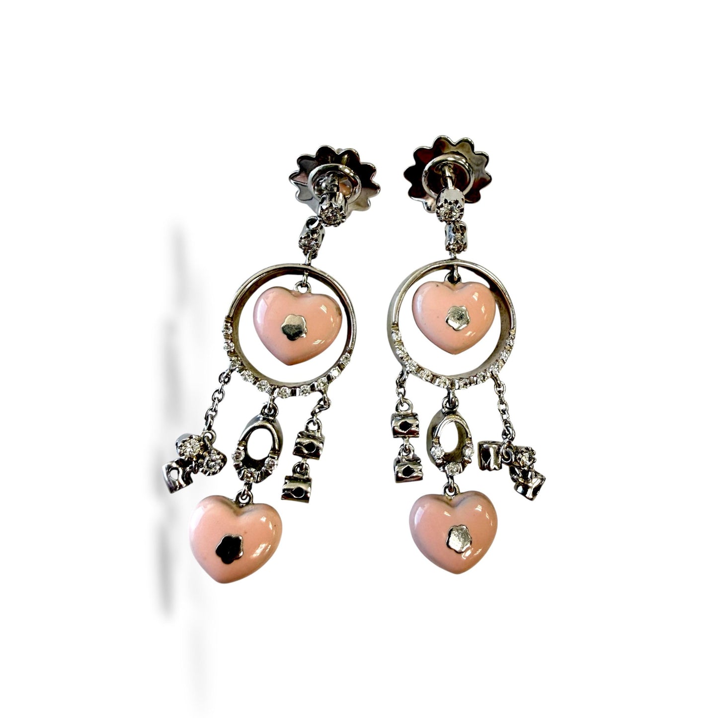 18k White Gold Dangling Heart Earrings with Diamonds 15.13g.