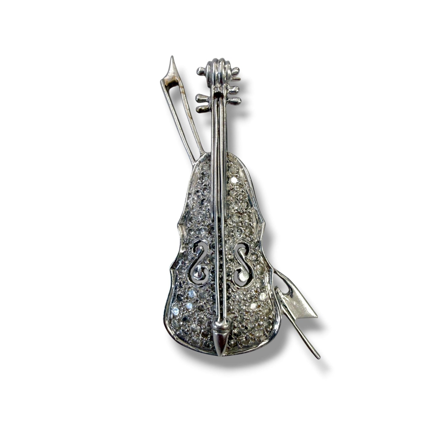 1.05cttw. White Diamond Vintage Violin Brooch in 14k White Gold  7.60g.