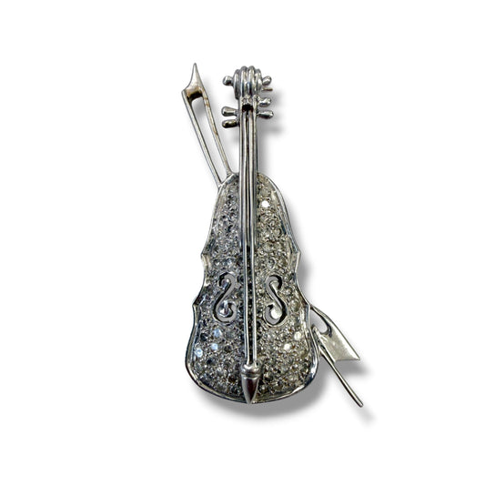1.05cttw. White Diamond Vintage Violin Brooch in 14k White Gold  7.60g.