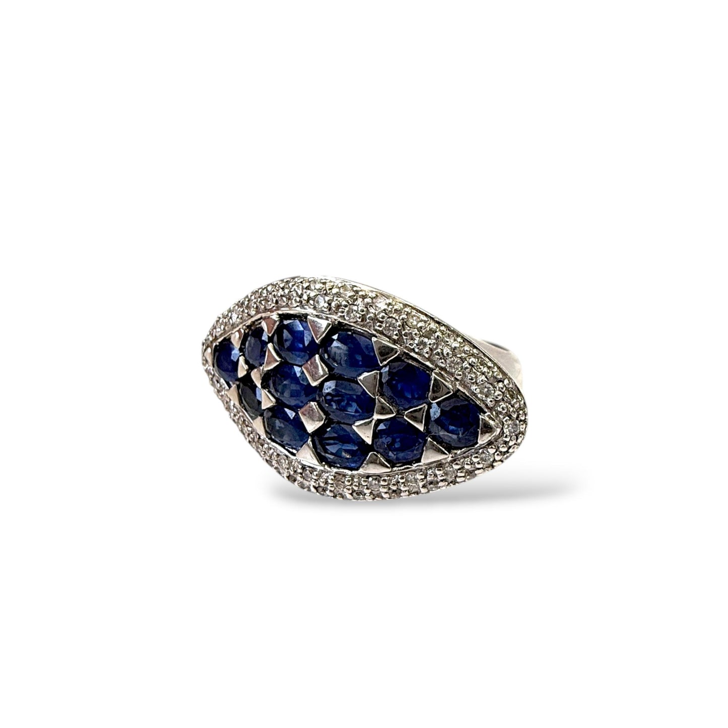 Estate 3cttw. Blue Sapphire & 1cttw White Diamond in 18k White Gold Ring 7.25US