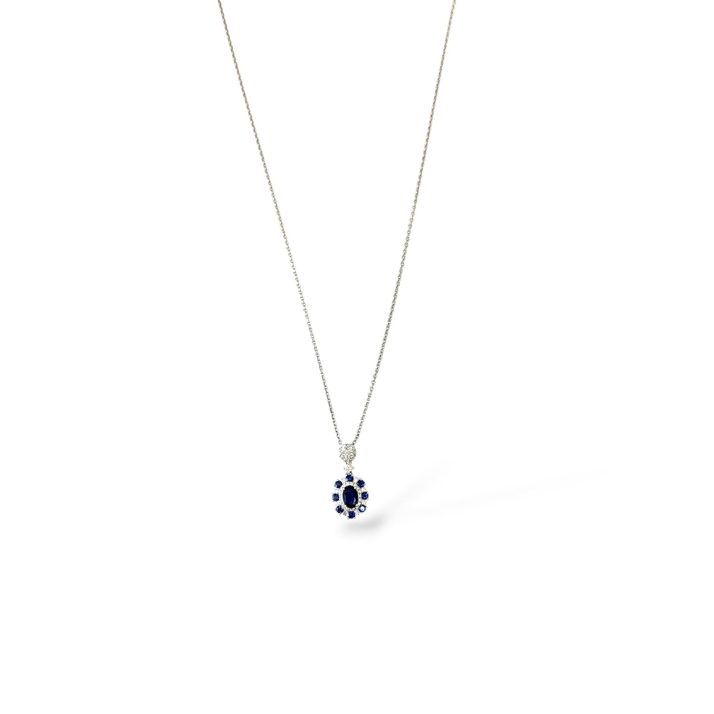 18k White Gold Pendant Necklace with Blue Sapphire & White Diamonds 3.51g. 18"