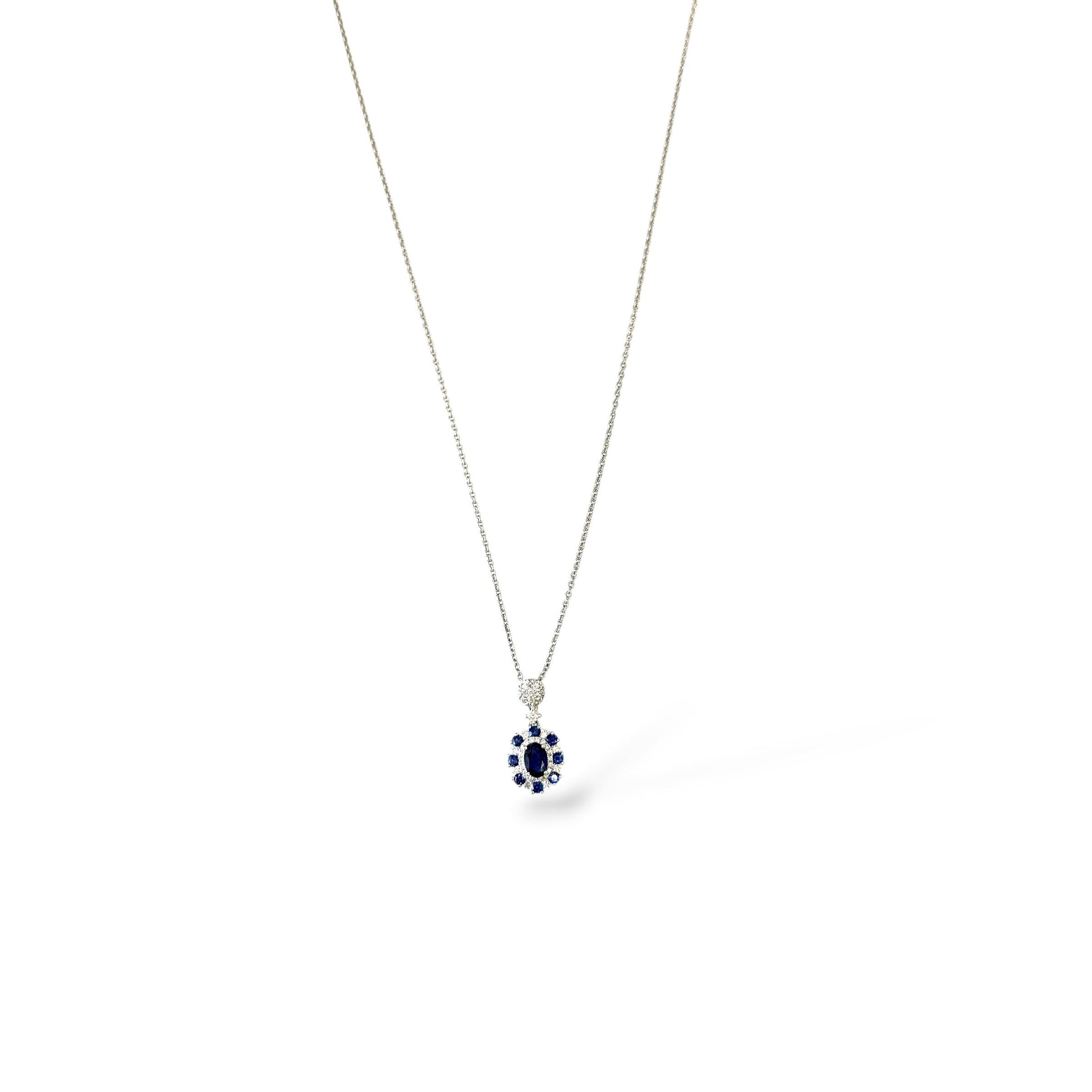 18k White Gold Pendant Necklace with Blue Sapphire & White Diamonds 3.51g. 18"