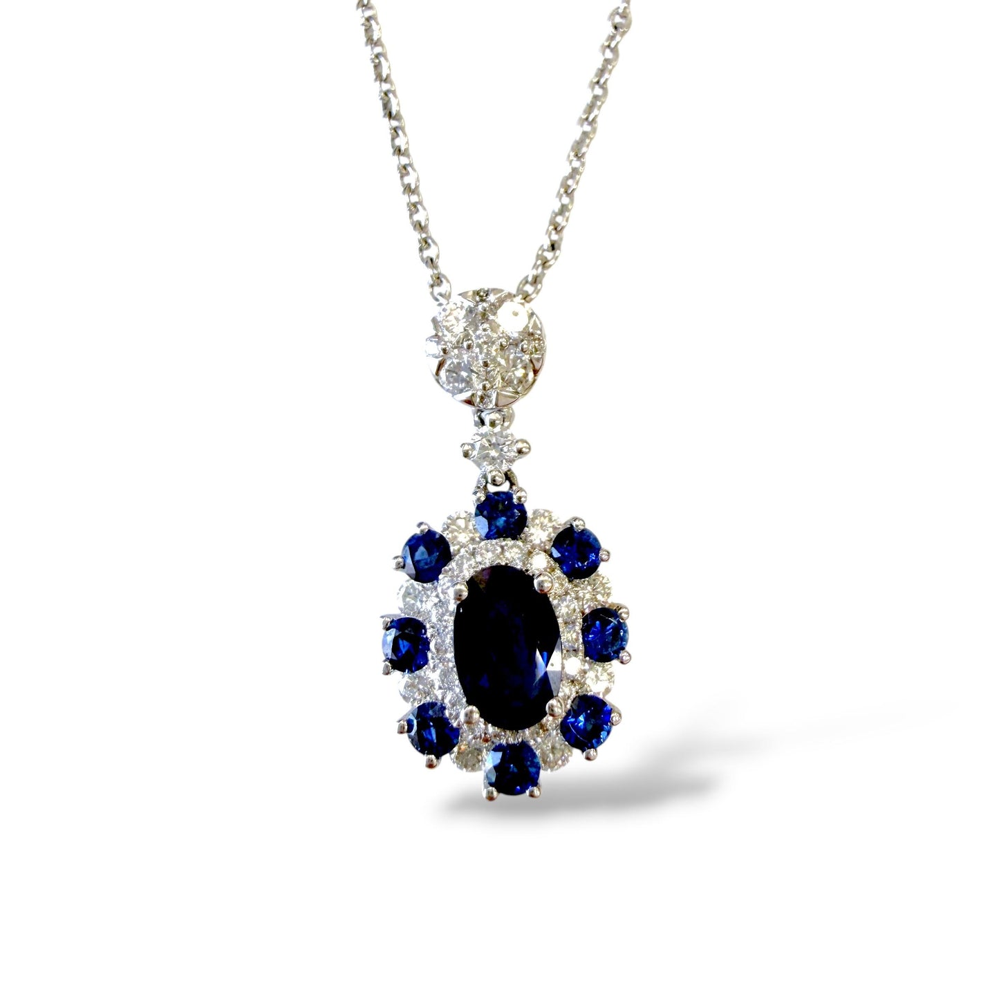 18k White Gold Pendant Necklace with Blue Sapphire & White Diamonds 3.51g. 18"