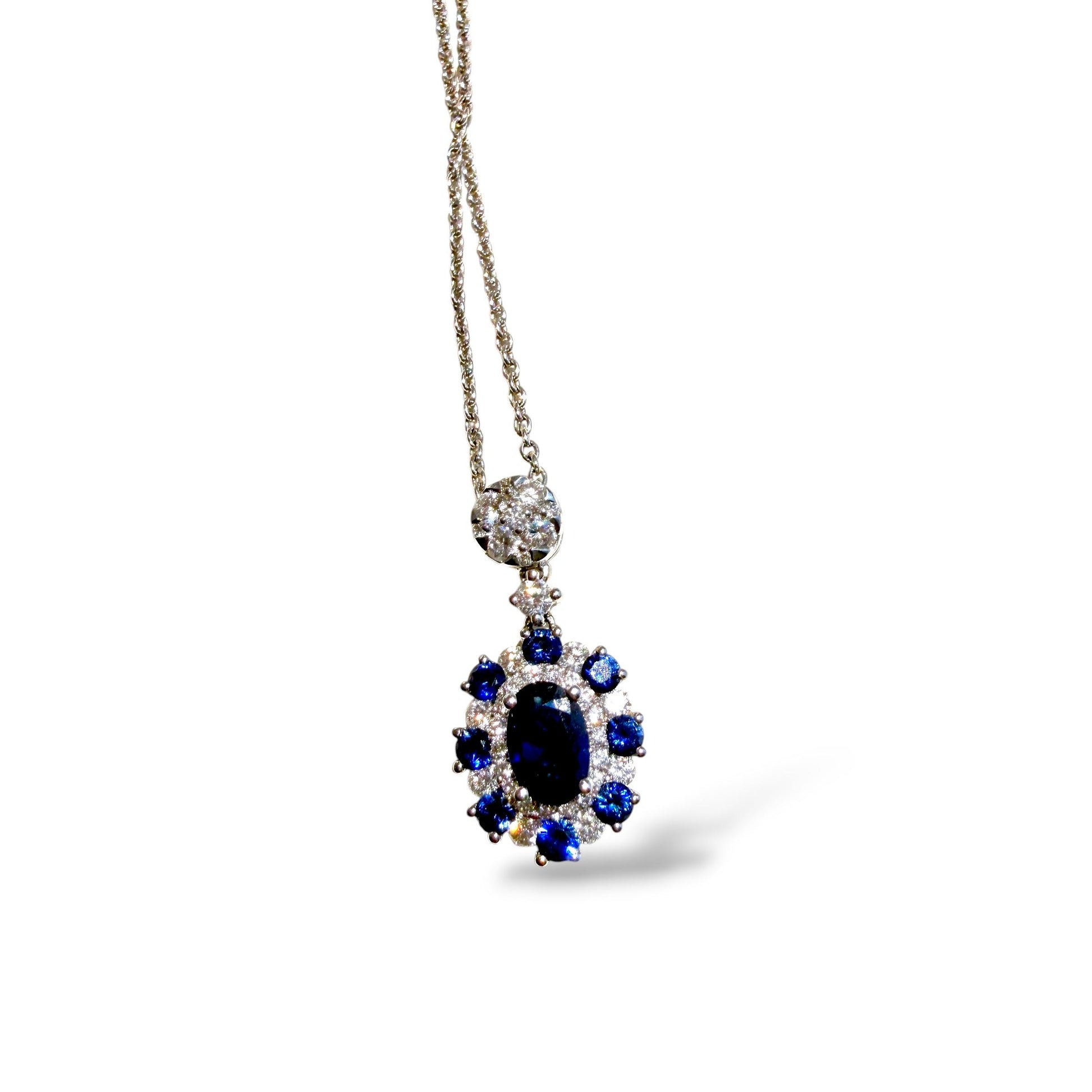 18k White Gold Pendant Necklace with Blue Sapphire & White Diamonds 3.51g. 18"