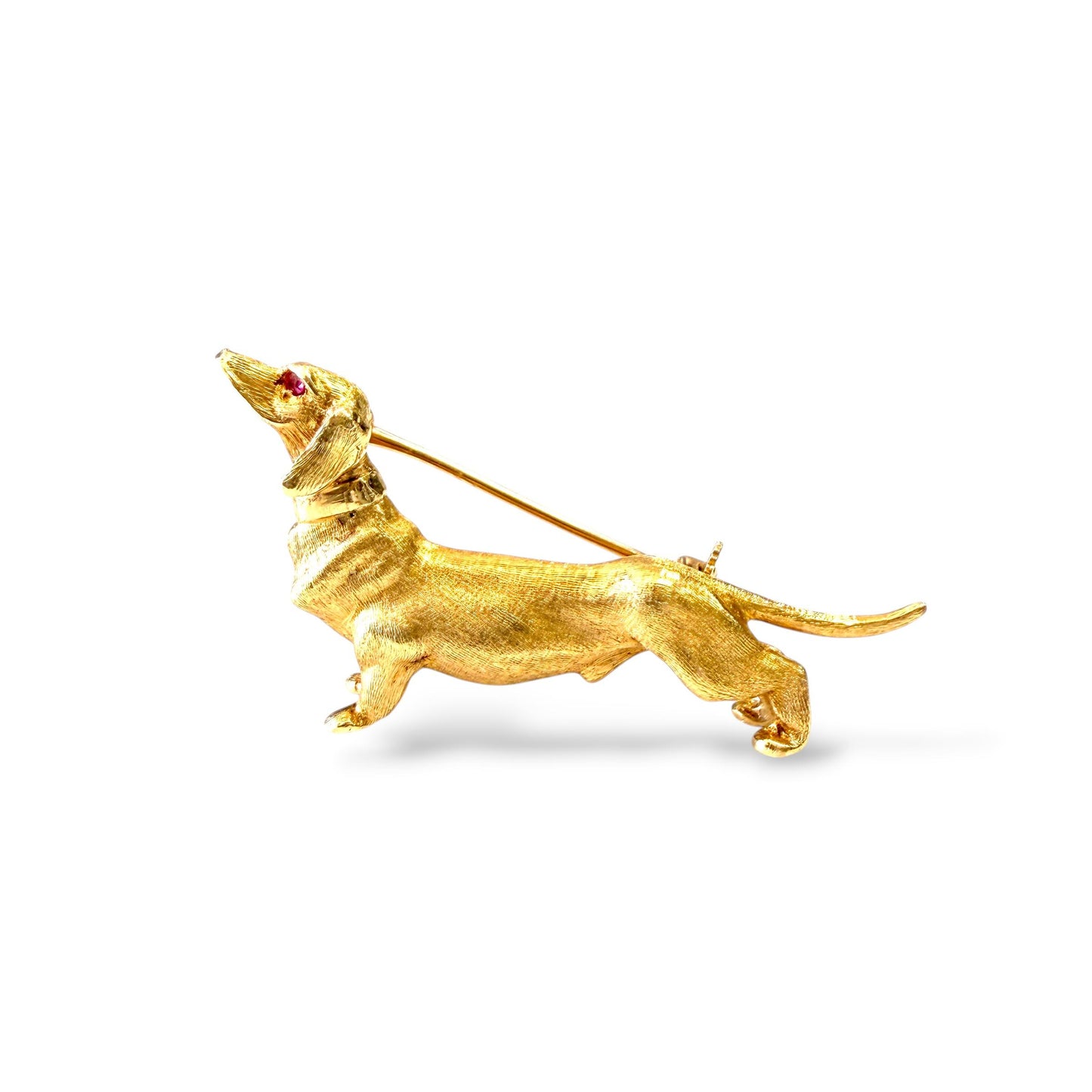 14k Yellow Gold  Sausage Dog Brooch with Ruby 8.79g.