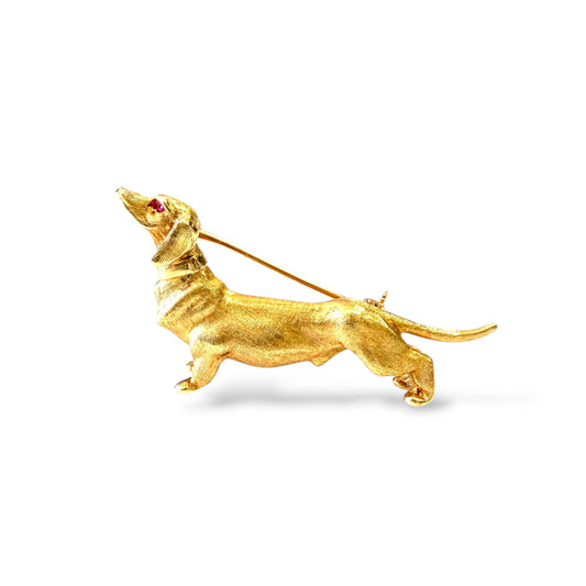 14k Yellow Gold  Sausage Dog Brooch with Ruby 8.79g.