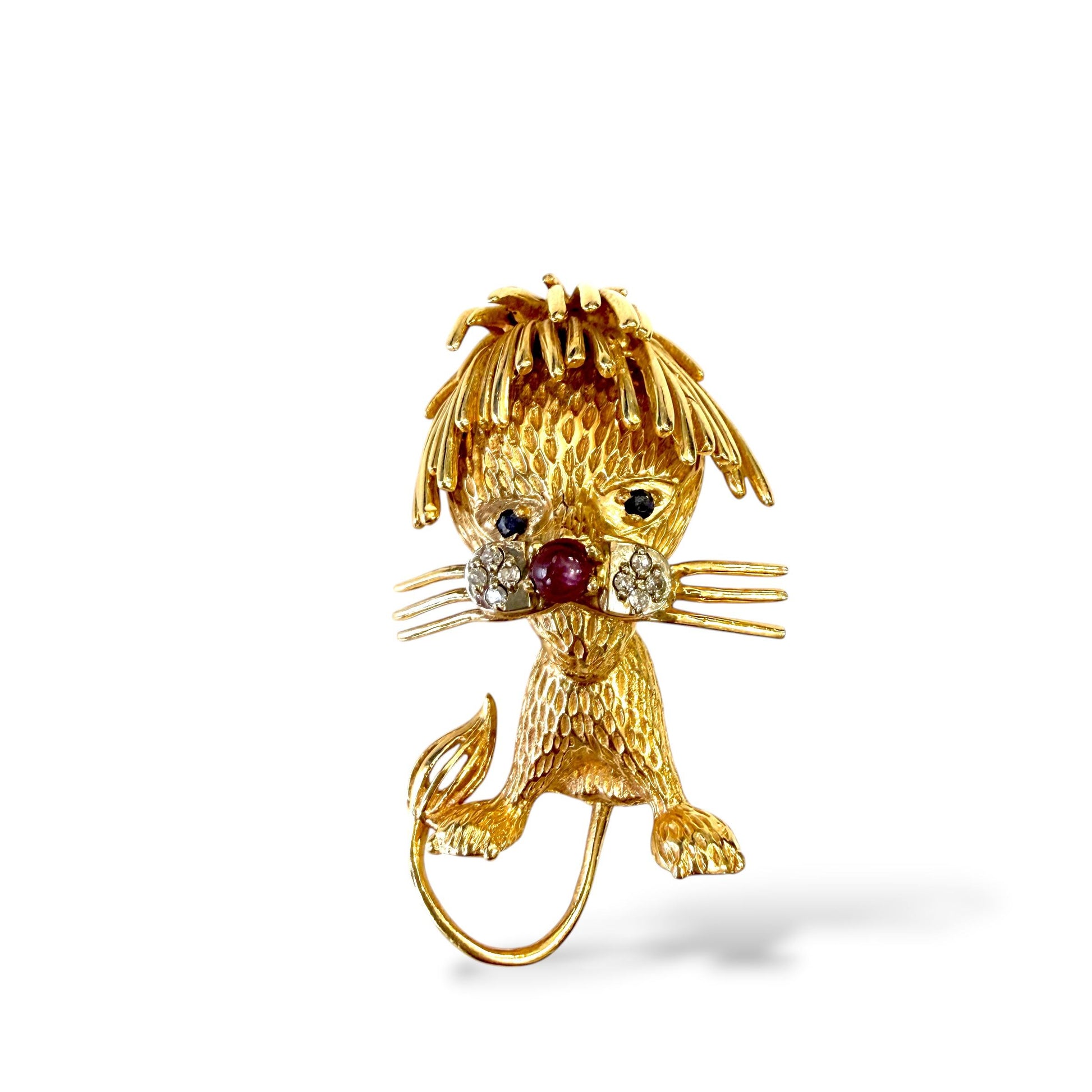 14k Yellow Gold Lion Brooch with Ruby & Diamonds 15.60g.
