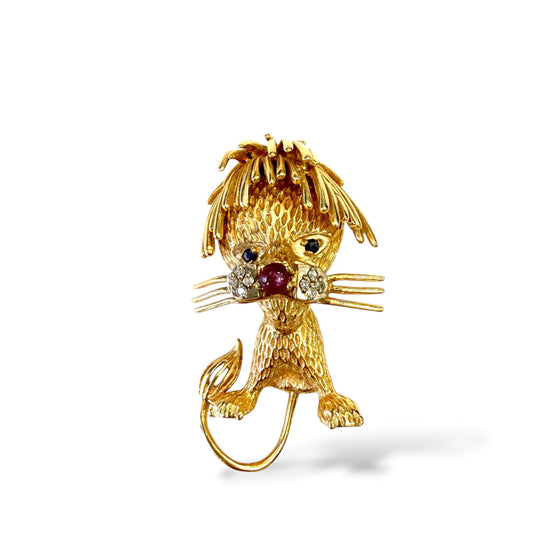 14k Yellow Gold Lion Brooch with Ruby & Diamonds 15.60g.