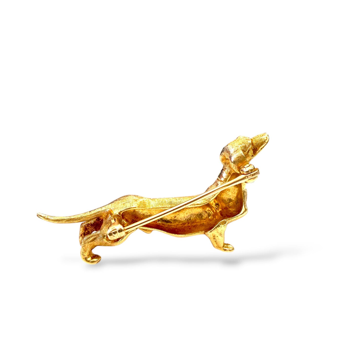 14k Yellow Gold  Sausage Dog Brooch with Ruby 8.79g.