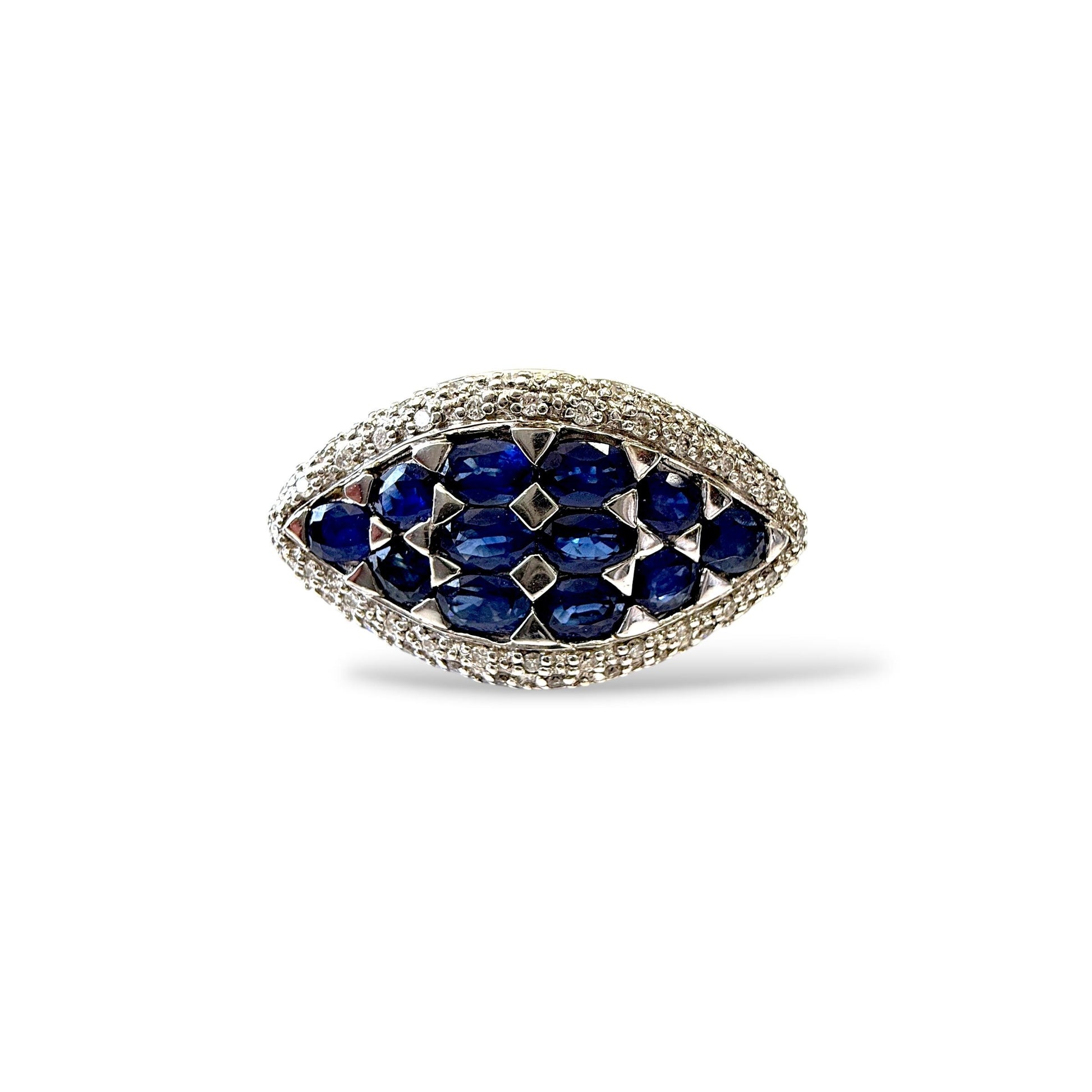 Estate 3cttw. Blue Sapphire & 1cttw White Diamond in 18k White Gold Ring 7.25US