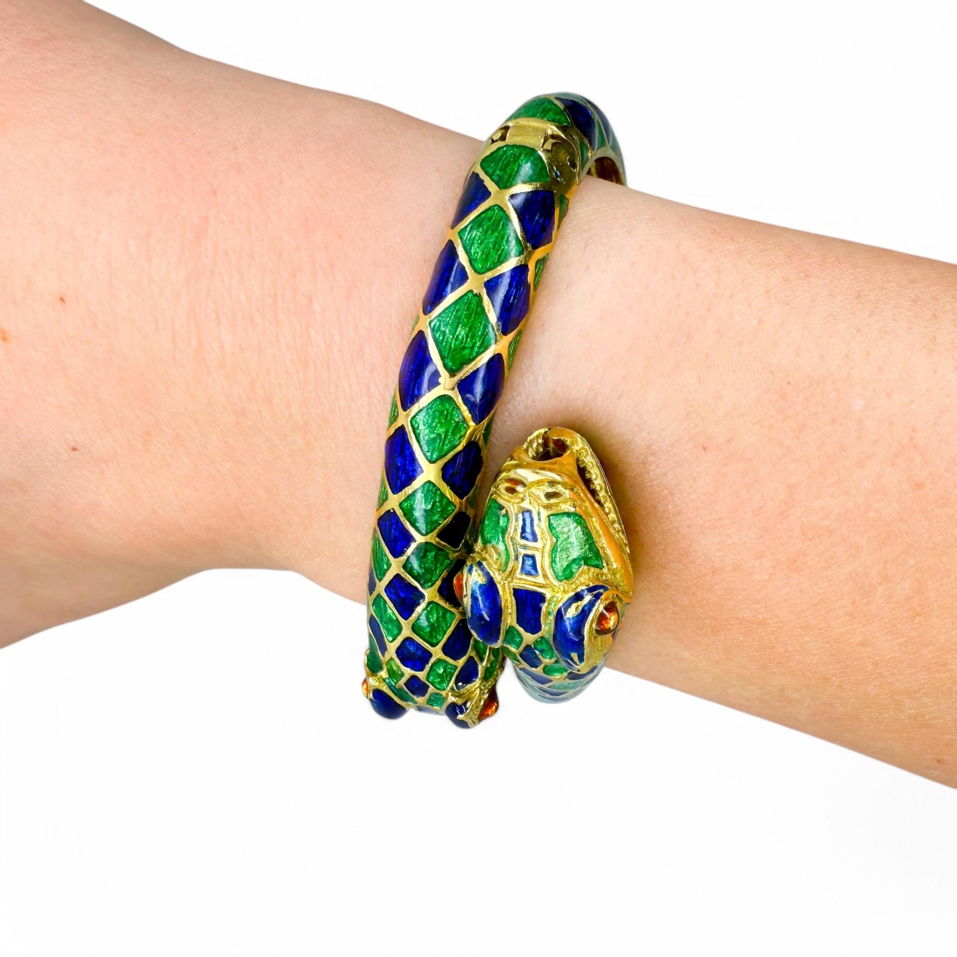 18k Yellow Gold Multi Colored Enamel Snake Bracelet 61.94g Italy