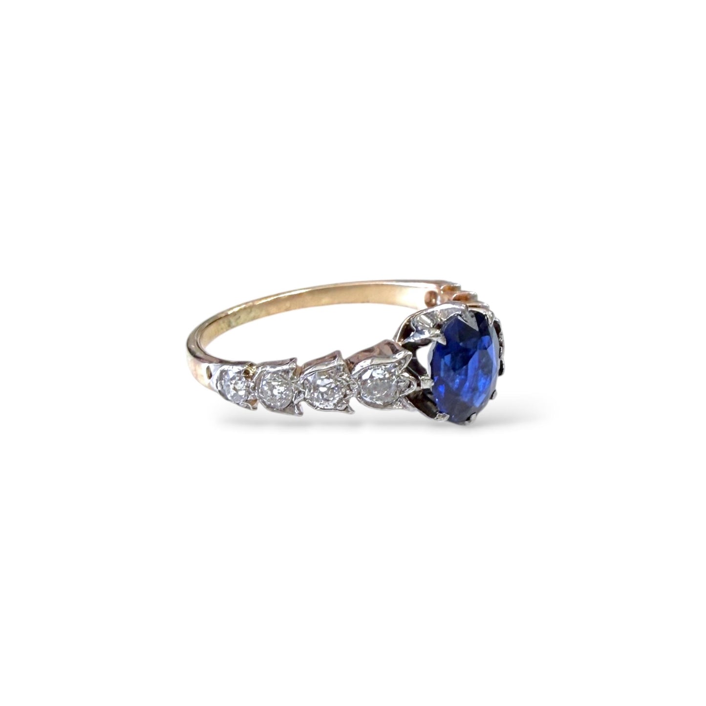 1.30ct. Blue Sapphire & 0.30 cttw.White Diamond Vintage Ring in 14k Yellow Gold