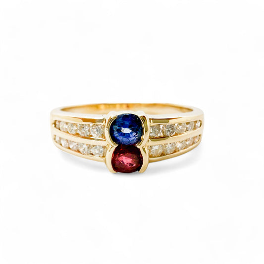 Sapphire & Ruby & White Diamond Ring in 18K Yellow Gold 6.5 US