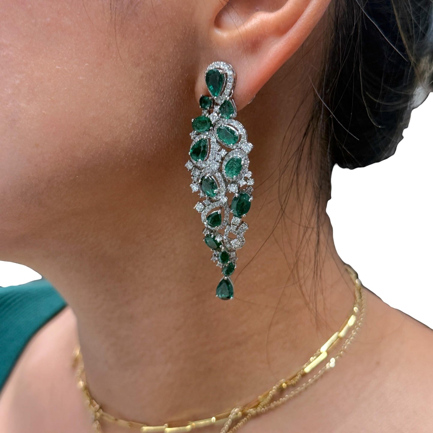 12.75cttw. Emerald & 3.42cttw White Diamond Drop Earrings 18k White Gold 19.8g.