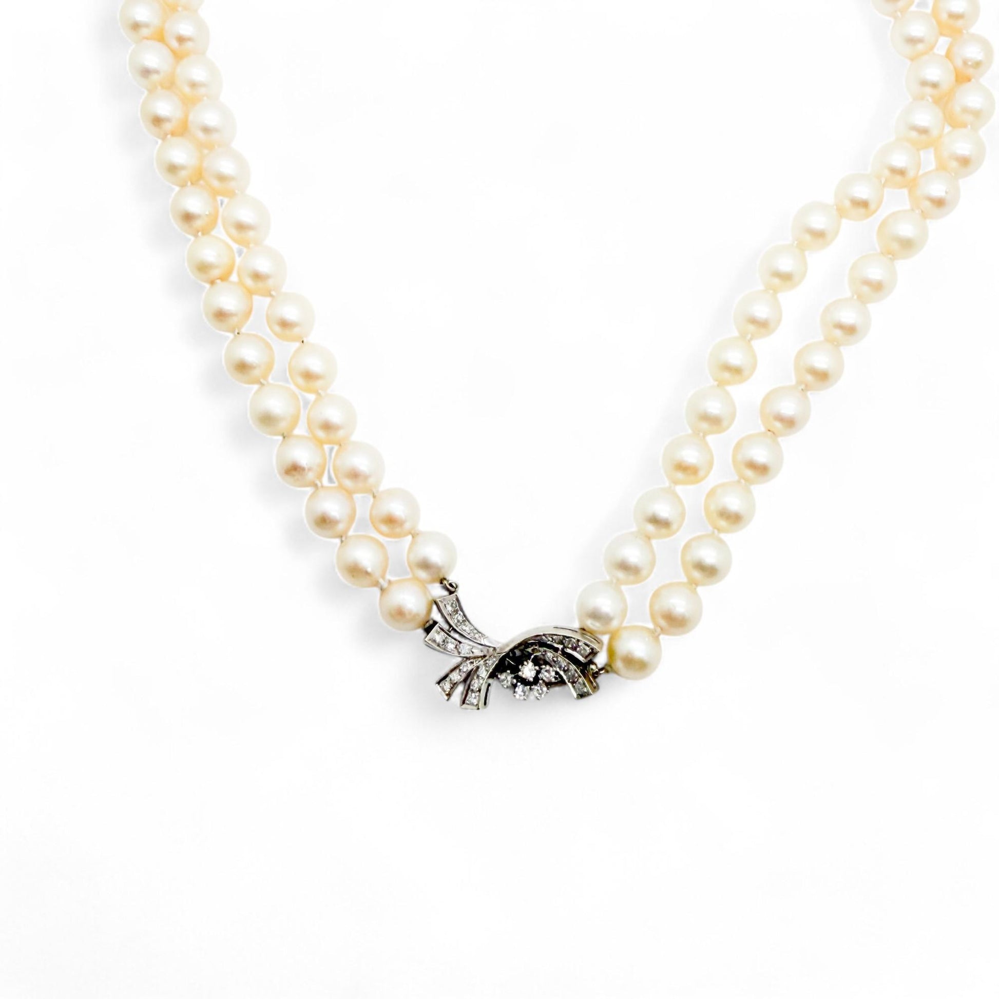 0.45 cttw White Diamonds in 14K WG & Pearl Necklace Two Strands