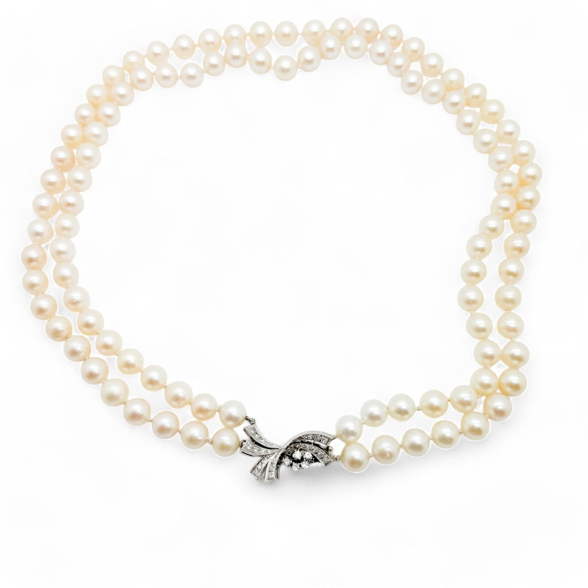 0.45 cttw White Diamonds in 14K WG & Pearl Necklace Two Strands