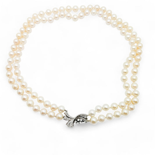 0.45 cttw White Diamonds in 14K WG & Pearl Necklace Two Strands