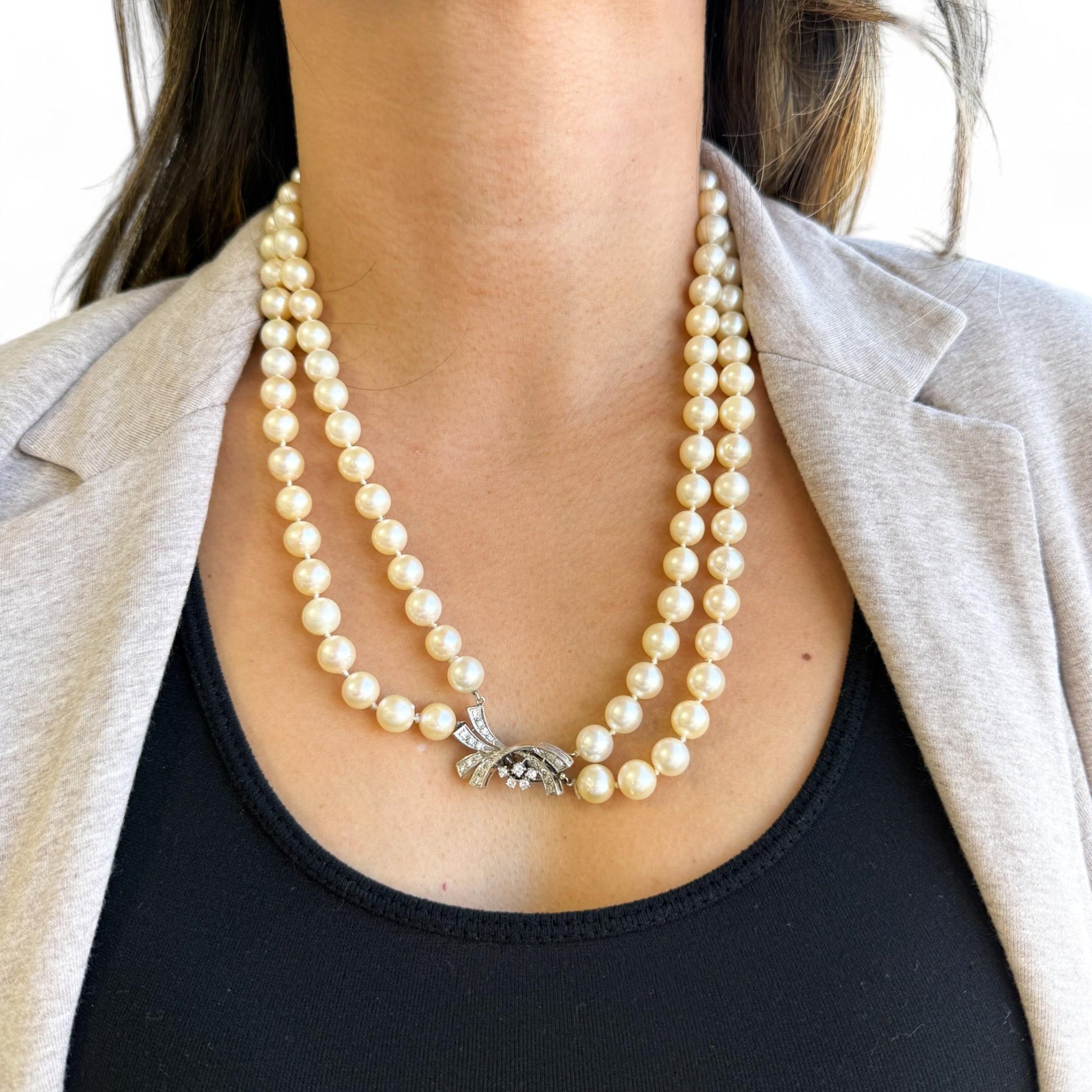 0.45 cttw White Diamonds in 14K WG & Pearl Necklace Two Strands
