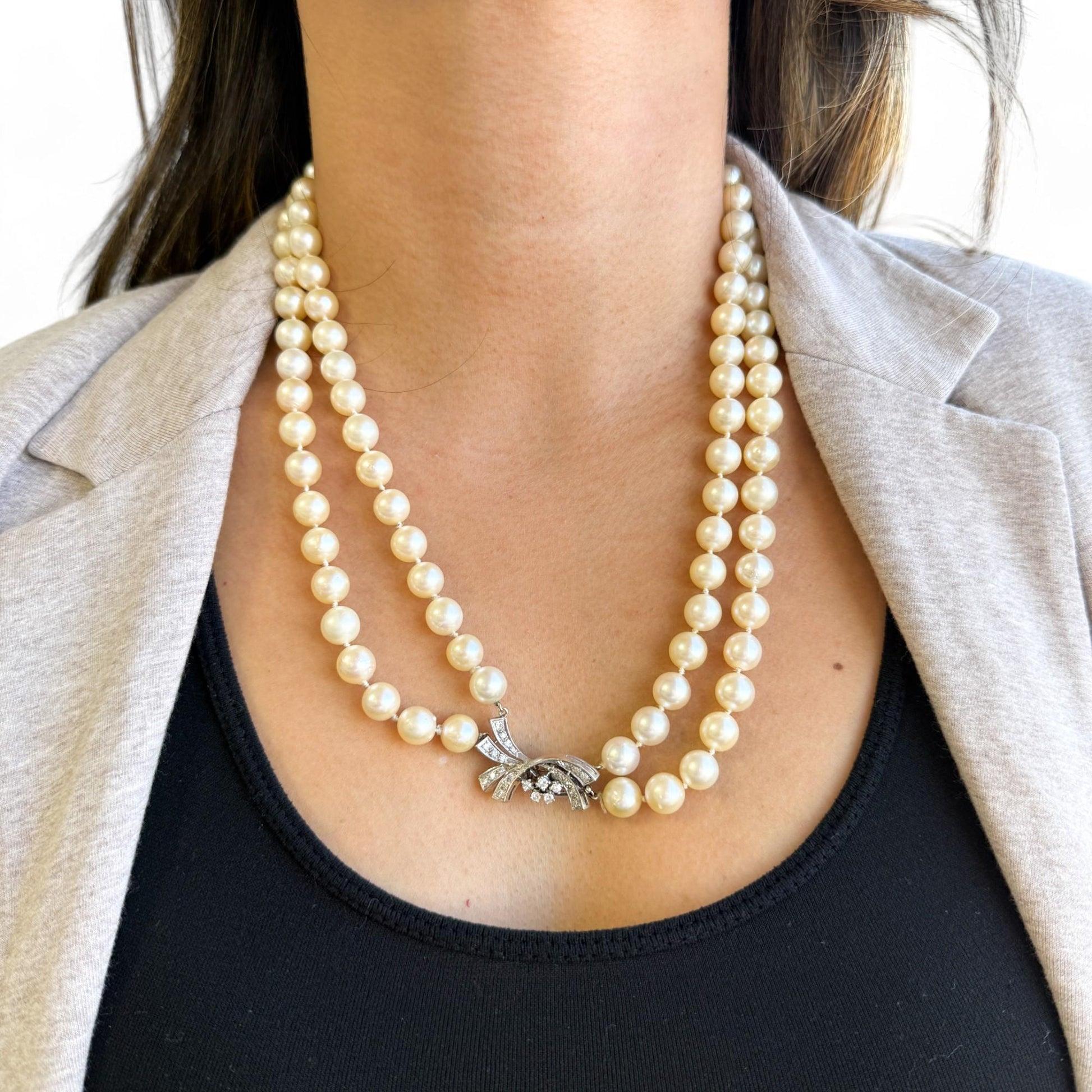 0.45 cttw White Diamonds in 14K WG & Pearl Necklace Two Strands