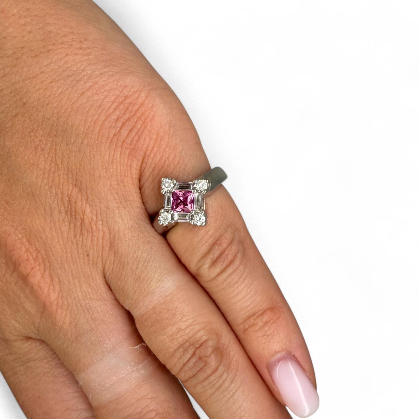 0.46 ct. Pink Sapphire & White Diamond Ring in 14K White Gold 4.75US