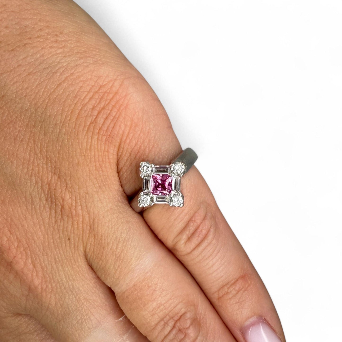 0.46 ct. Pink Sapphire & White Diamond Ring in 14K White Gold 4.75US