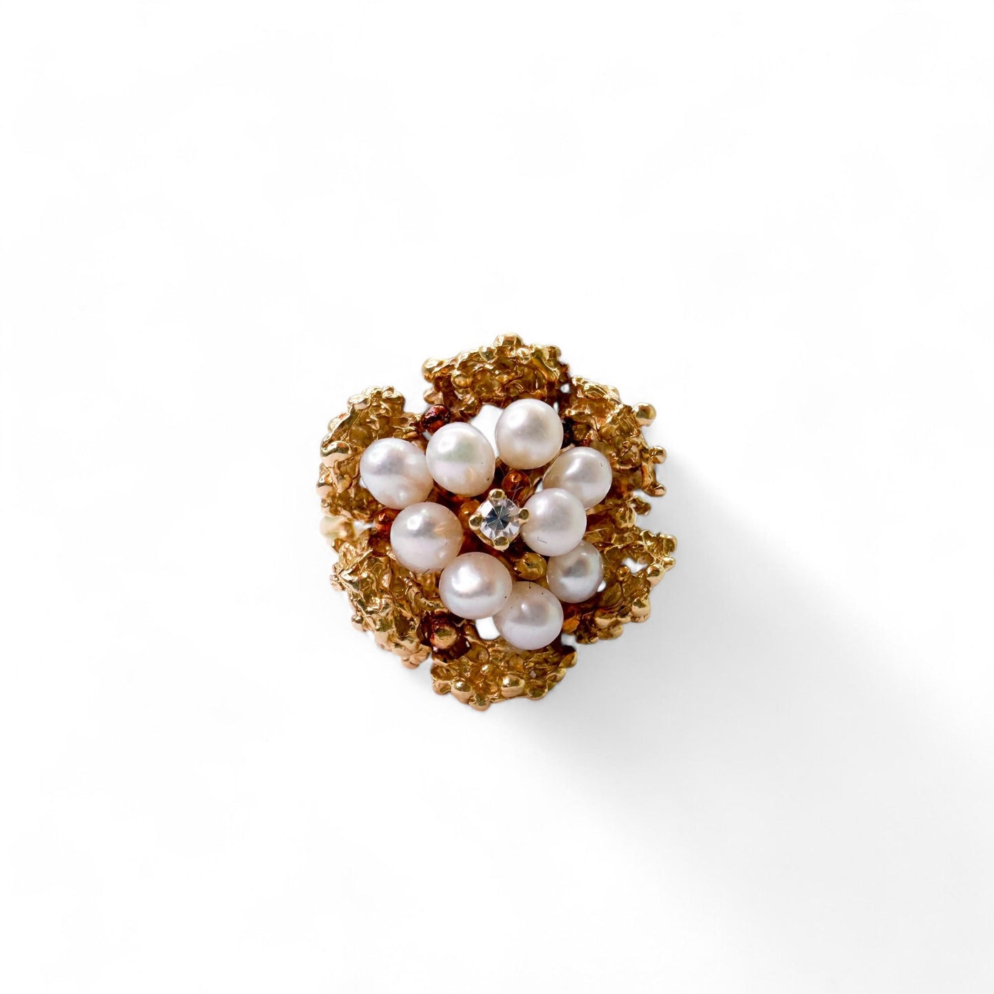14k Yellow Gold Pearl & White Diamond Flower Ring 6.5US