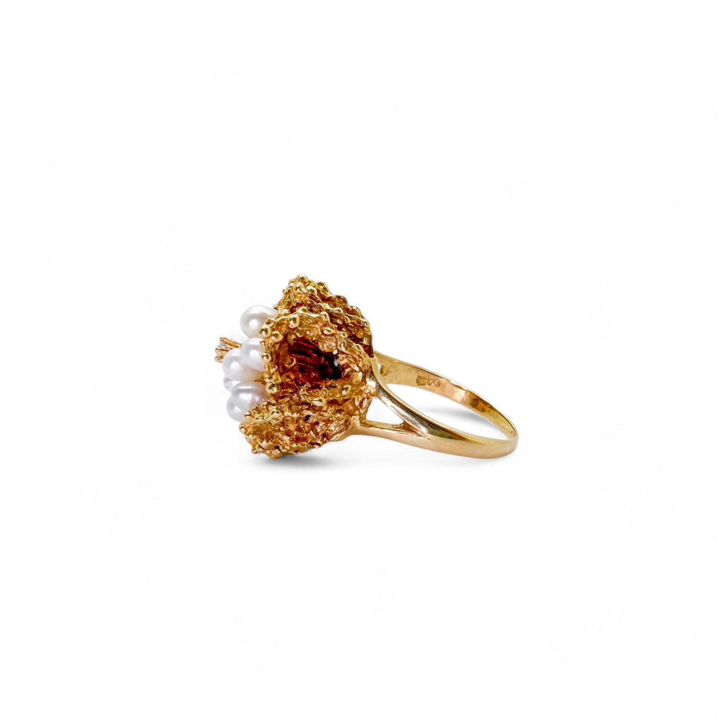 14k Yellow Gold Pearl & White Diamond Flower Ring 6.5US